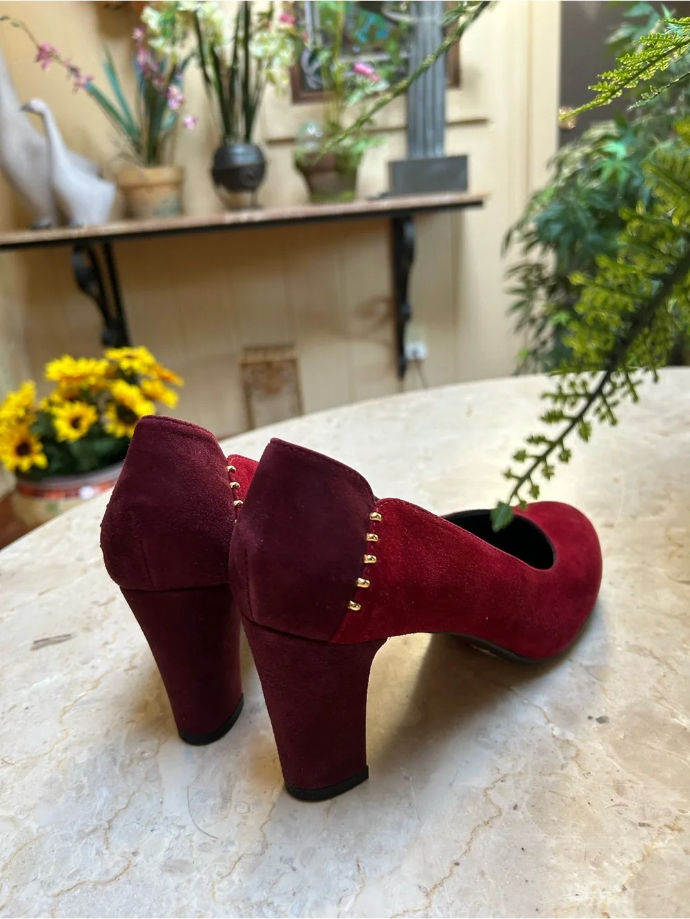 Aquatalia Burgundy Suede Block Heel Pumps with Gold Studs